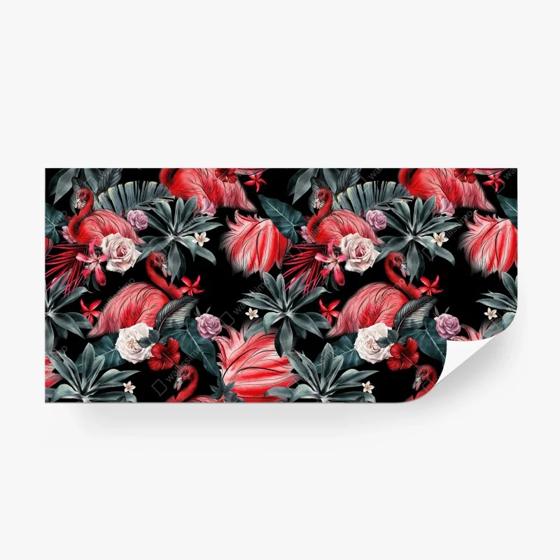 Fotomural patrón tropical de flamencos y flores en acuarela