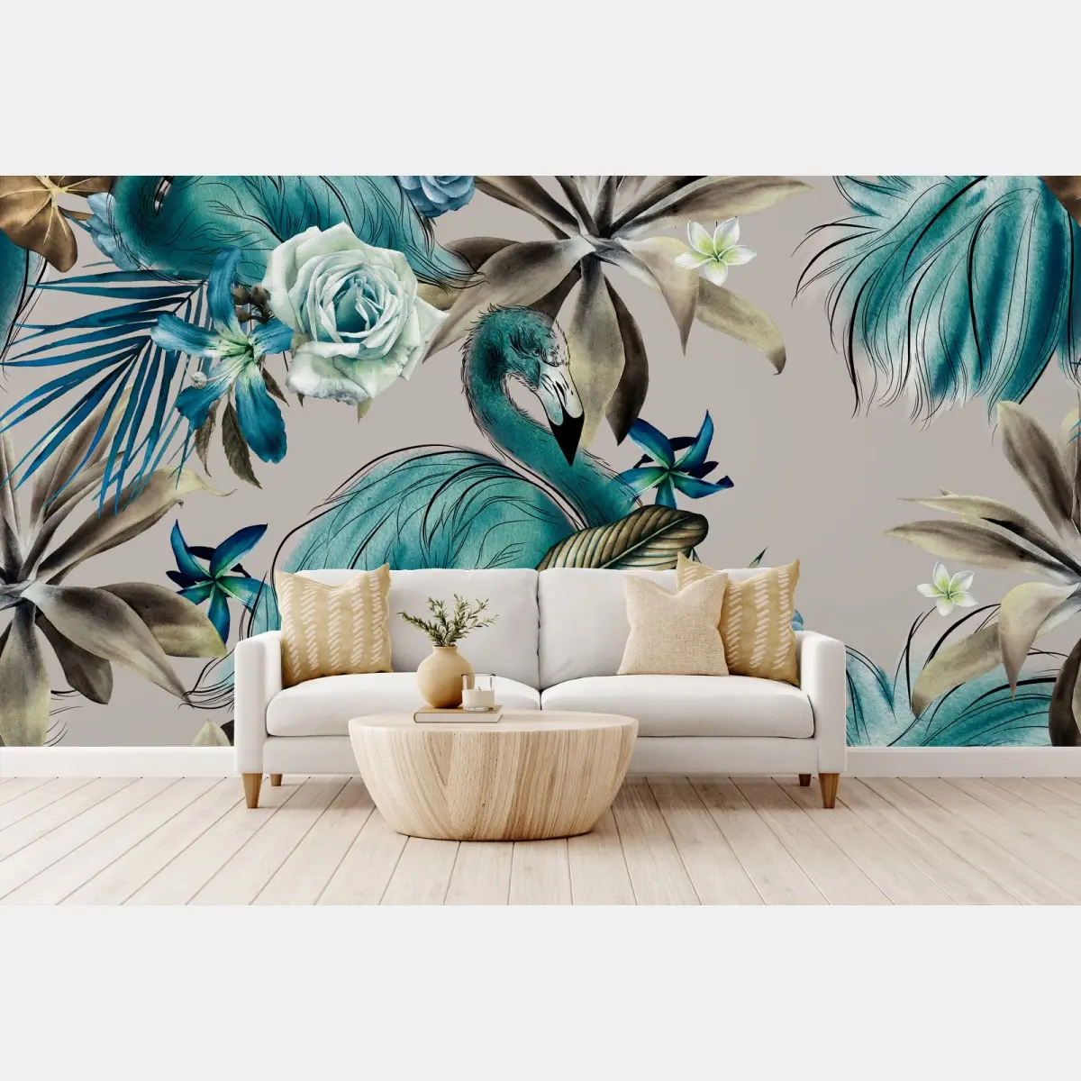 Fotomural encanto tropical con flamencos y rosas en acuarela – Pixers®
