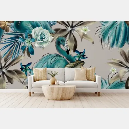 Fotomural encanto tropical con flamencos y rosas en acuarela – Pixers®