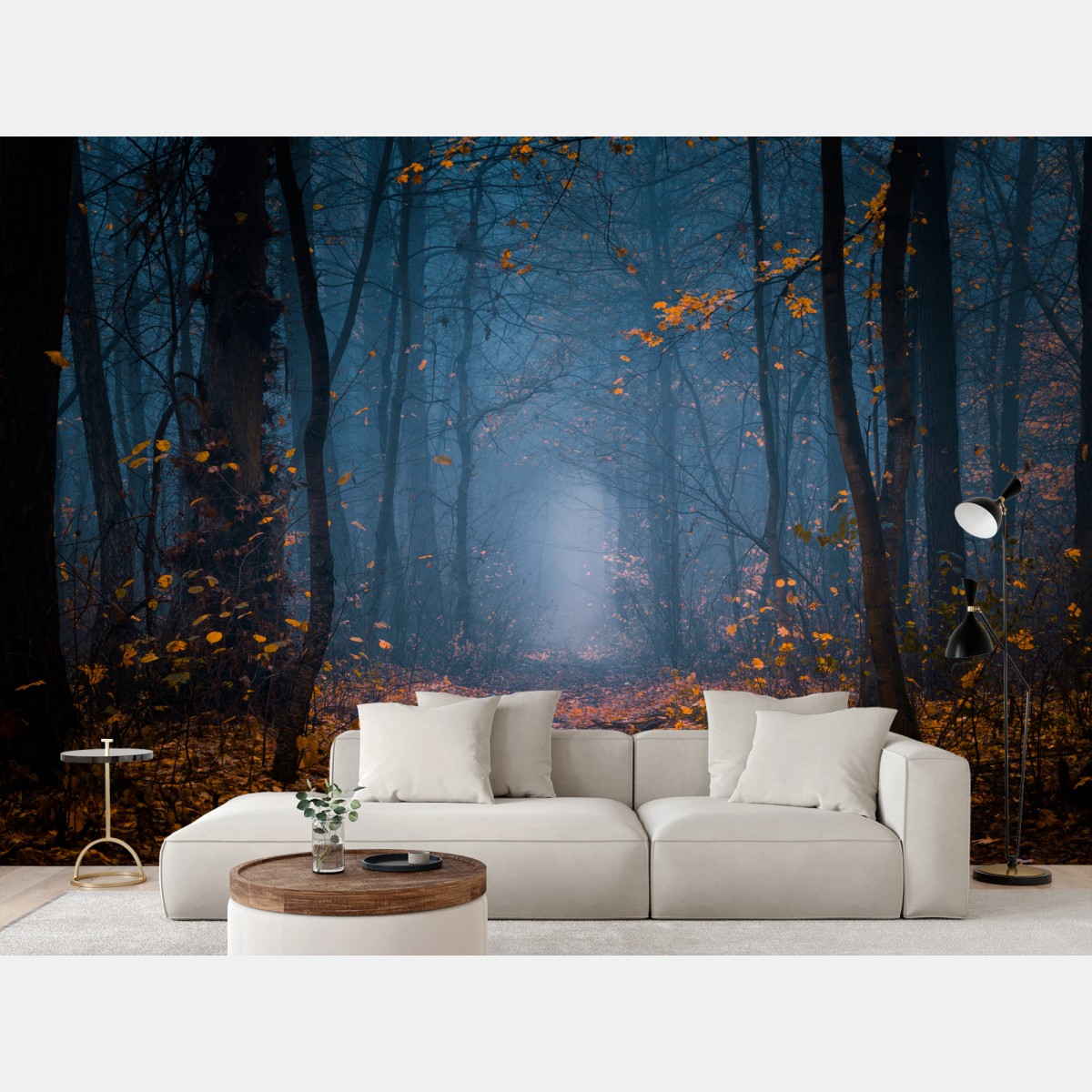 Fotomural sendero en bosque otoñal entre la niebla – Pixers®