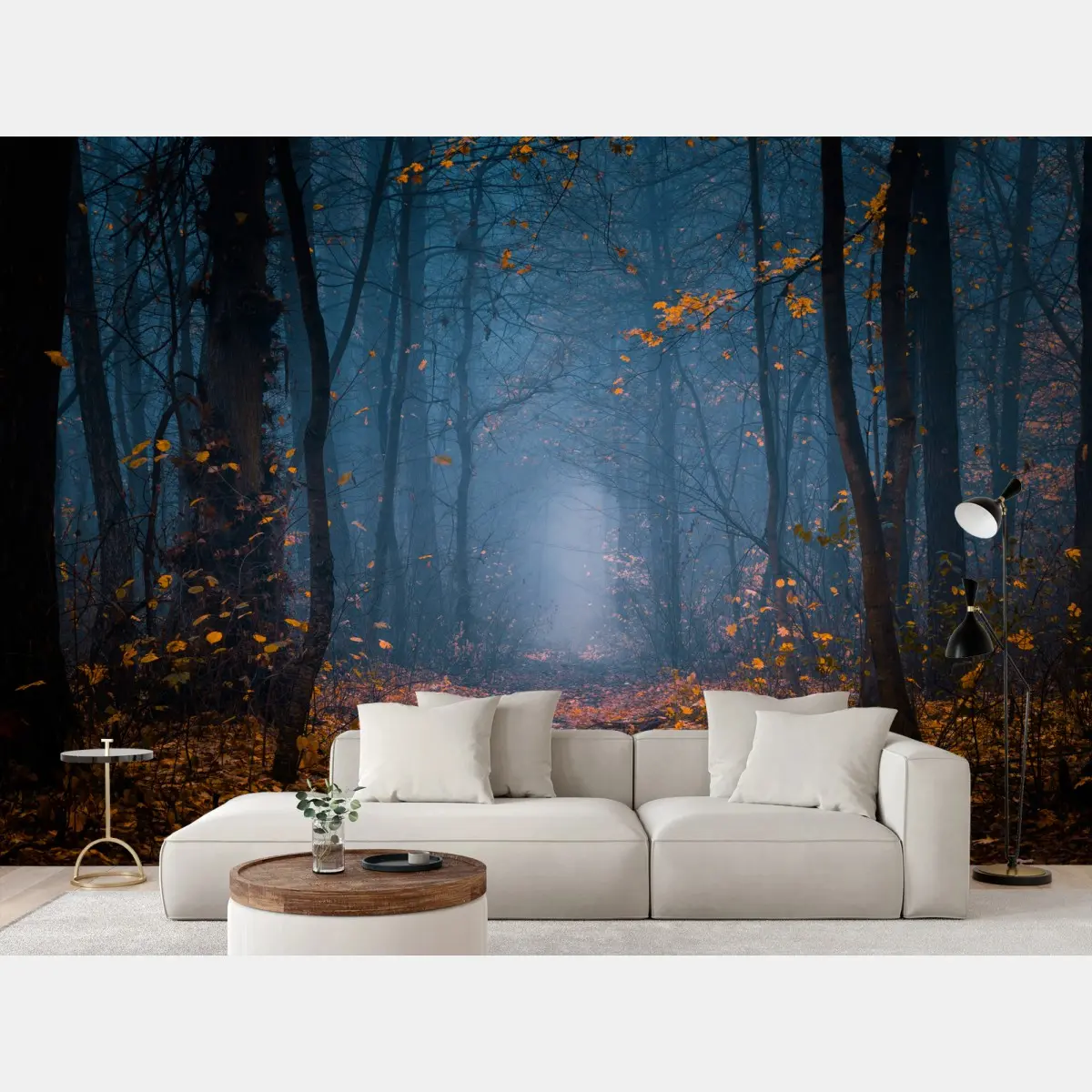 Fotomural sendero en bosque otoñal entre la niebla – Pixers®