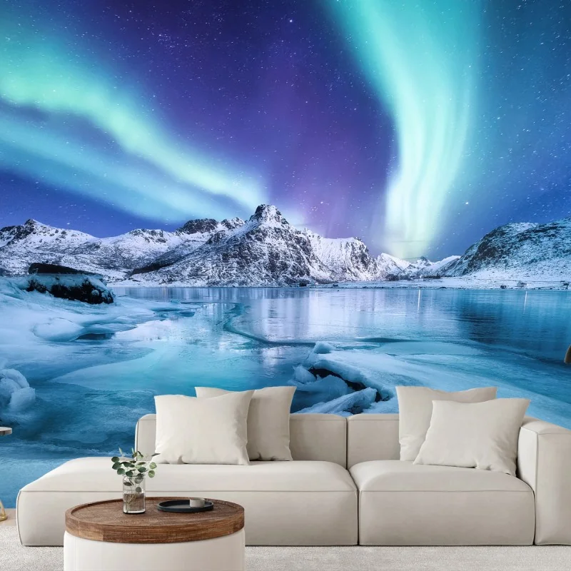 Fotomural aurora boreal sobre Lofoten y fiordo helado