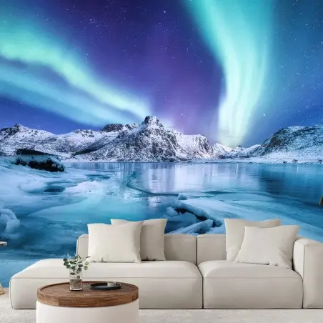 Fotomural aurora boreal sobre Lofoten y fiordo helado