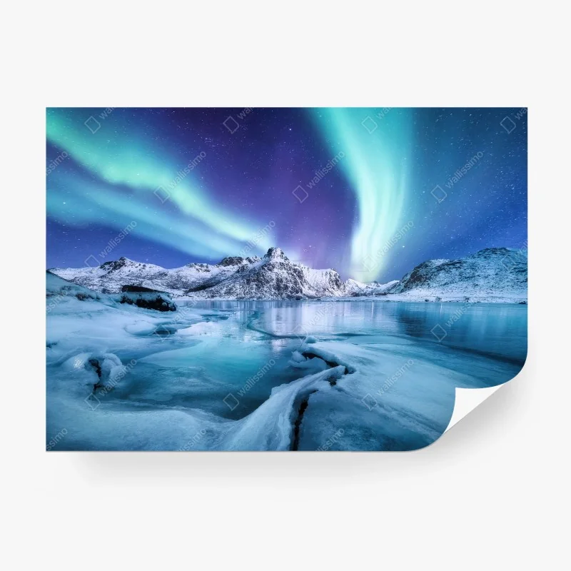 Fotomural aurora boreal sobre Lofoten y fiordo helado