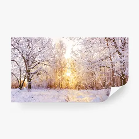Fotomural atardecer dorado en bosque nevado – Pixers®