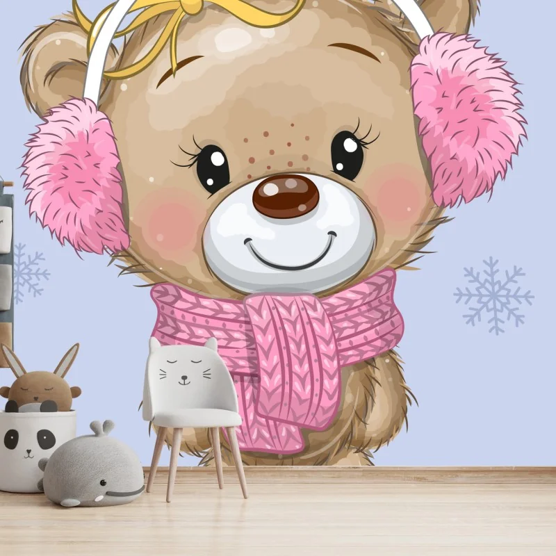 Fotomural oso de peluche invernal con bufanda rosa y orejeras