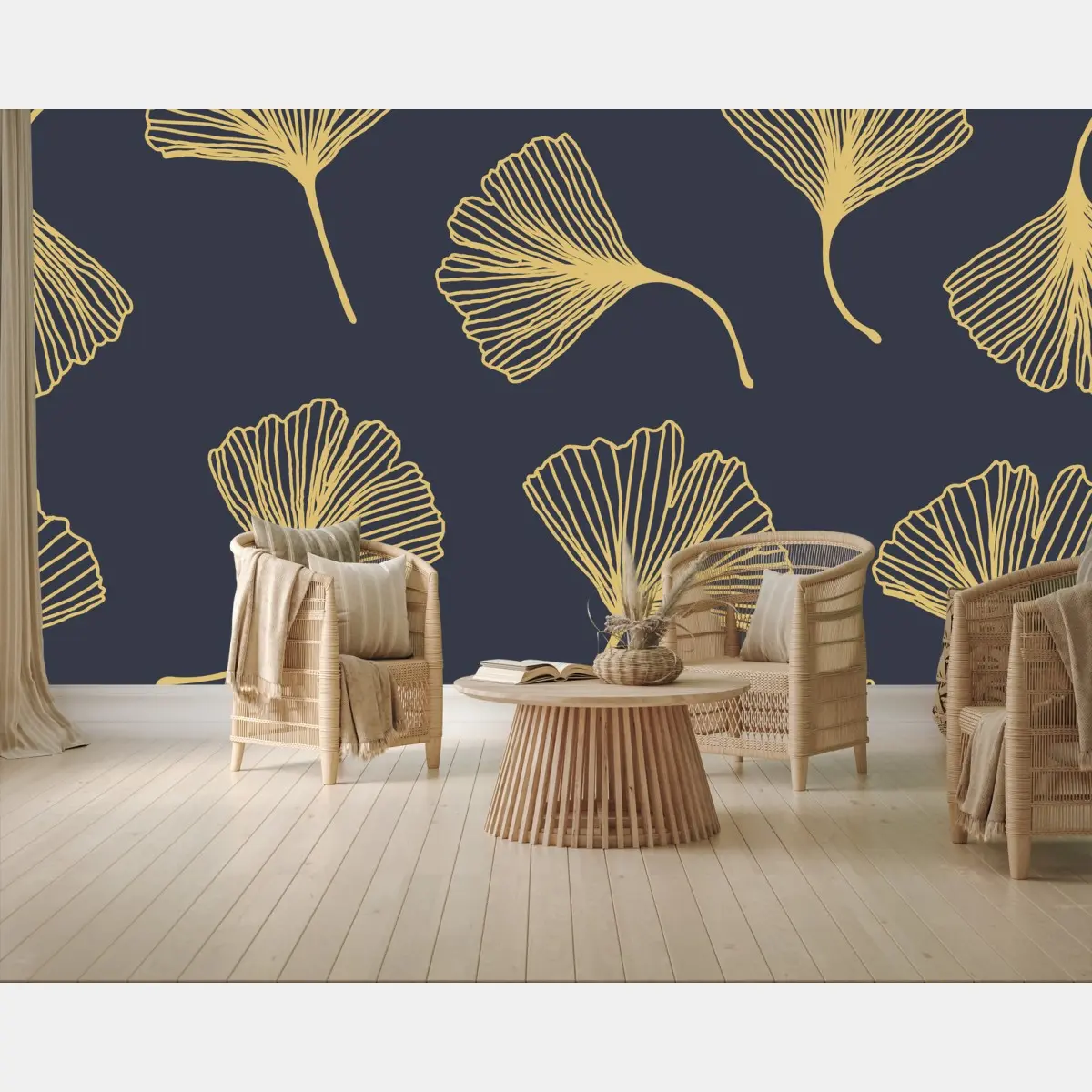 Fotomural patrón de hojas de ginkgo doradas sobre azul marino – Pixers®