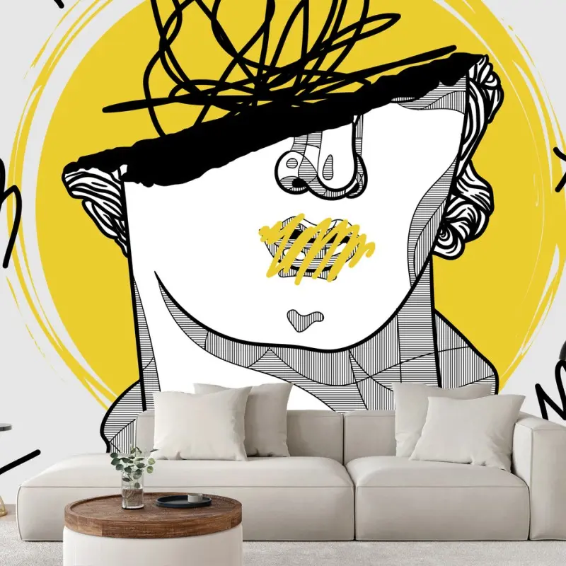 Fotomural busto clásico con trazos abstractos y acento amarillo