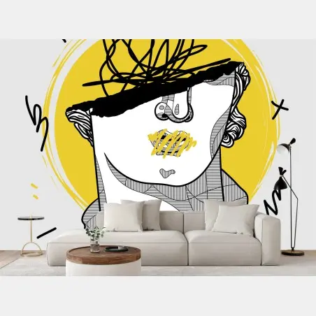 Fotomural busto clásico con trazos abstractos y acento amarillo – Pixers®