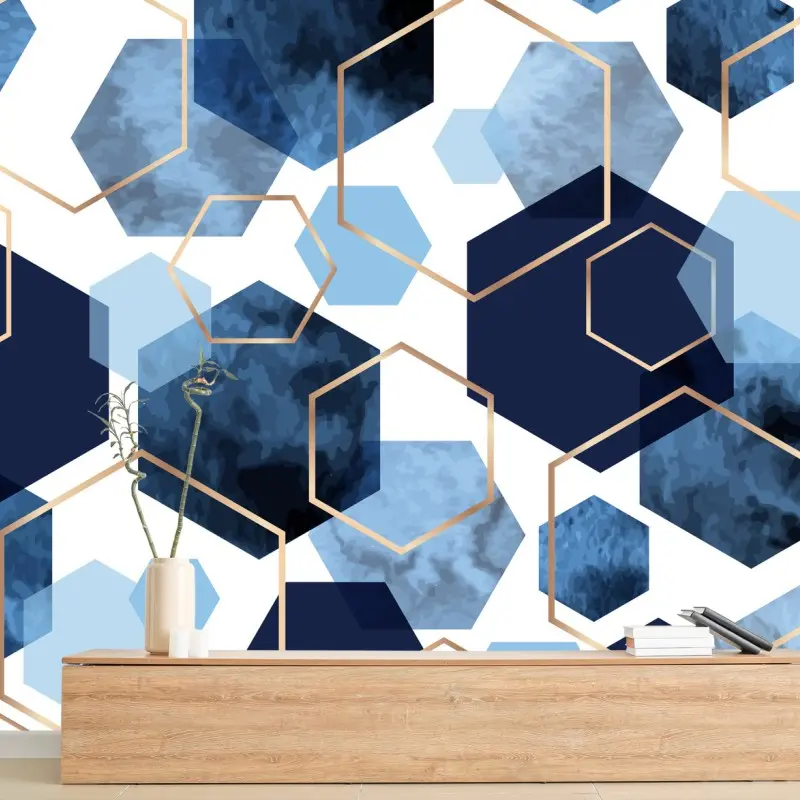 Fotomural patrón geométrico hexagonal en tonos azules y dorados