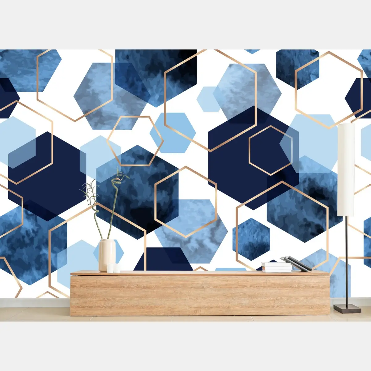Fotomural patrón geométrico hexagonal en tonos azules y dorados – Pixers®