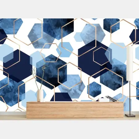 Fotomural patrón geométrico hexagonal en tonos azules y dorados – Pixers®