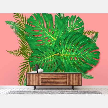 Fotomural composición de hojas tropicales sobre fondo rosa – Pixers®