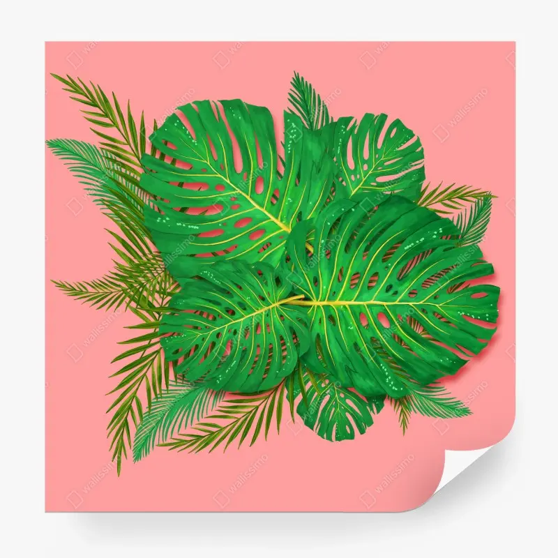 Fotomural composición de hojas tropicales sobre fondo rosa
