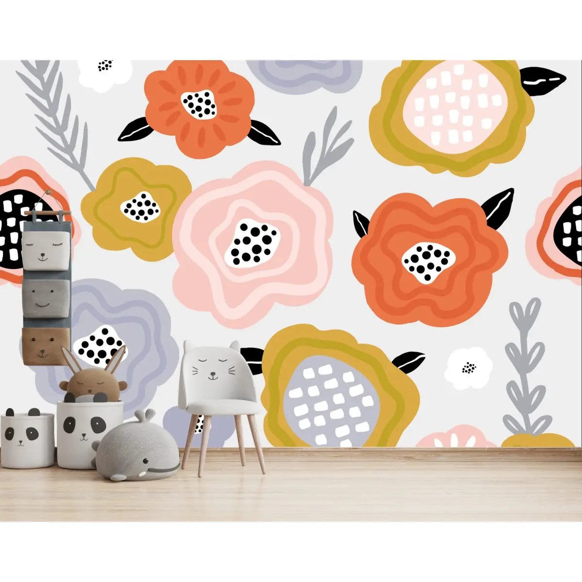 Fotomural estampado floral moderno en tonos pastel y mostaza – Pixers®