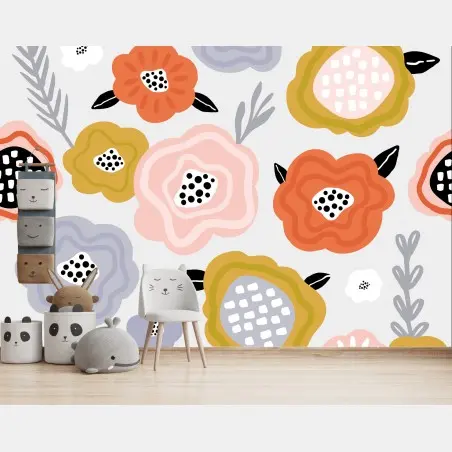 Fotomural estampado floral moderno en tonos pastel y mostaza – Pixers®