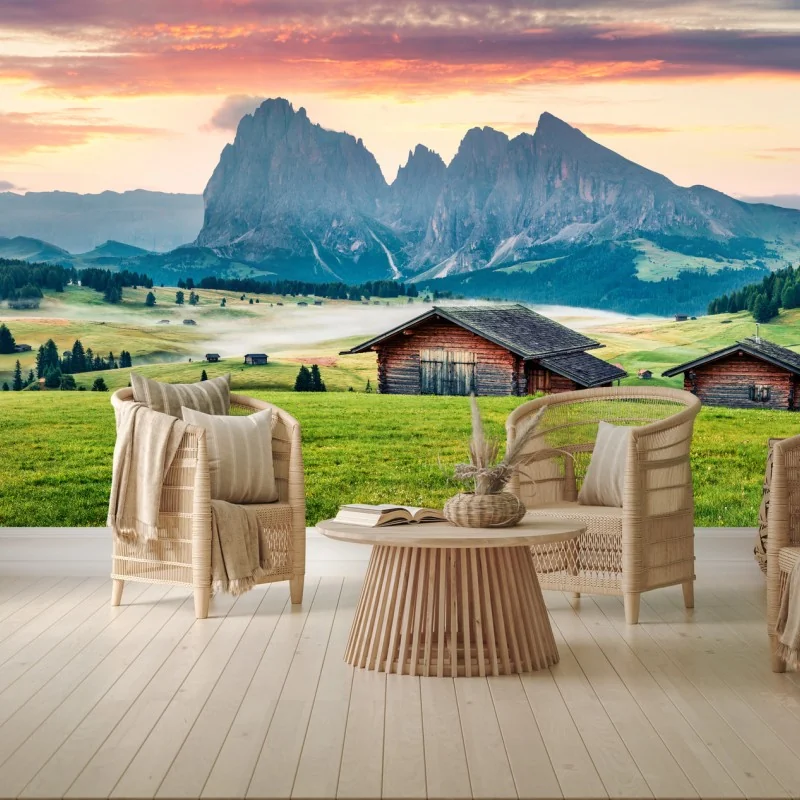 Fotomural amanecer en Alpe di Siusi: magia de las Dolomitas