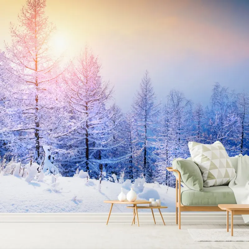 Fotomural atardecer dorado en bosque nevado