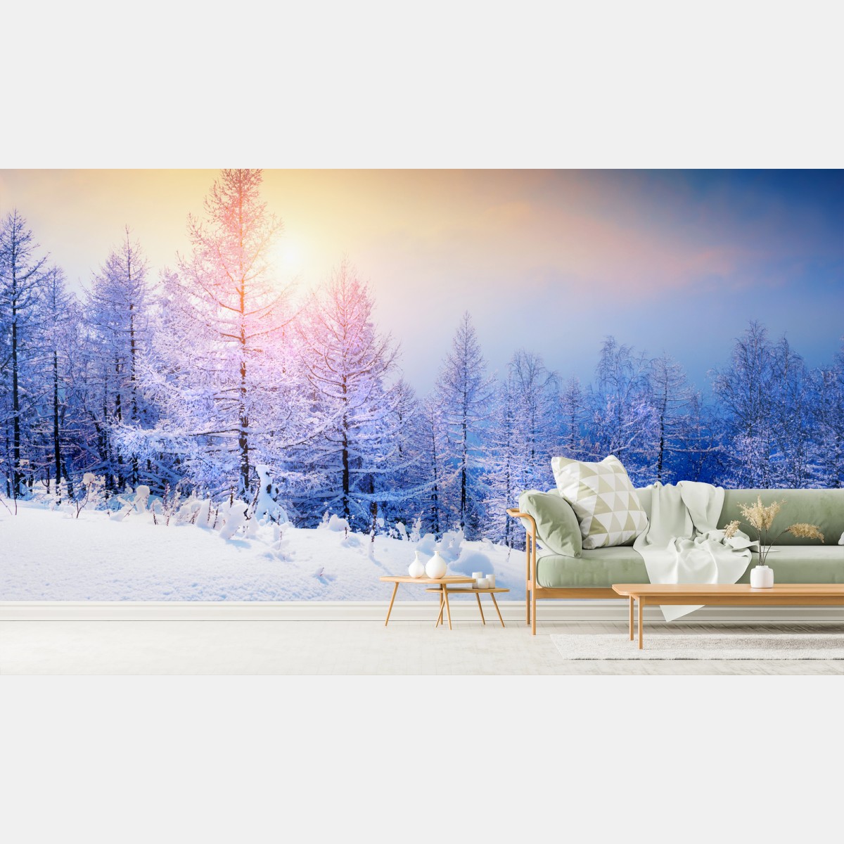Fotomural atardecer dorado en bosque nevado – Pixers®