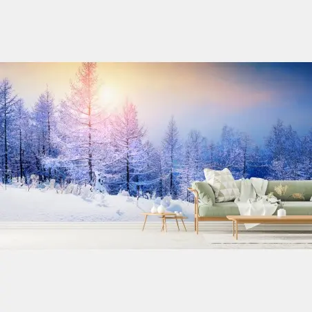 Fotomural atardecer dorado en bosque nevado – Pixers®