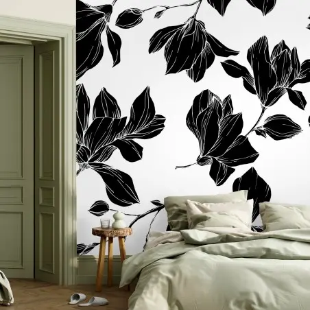 Fotomural decoración floral en blanco y negro