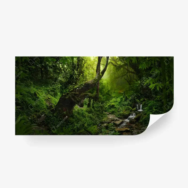 Fotomural paisaje de bosque encantado en tonos verdes
