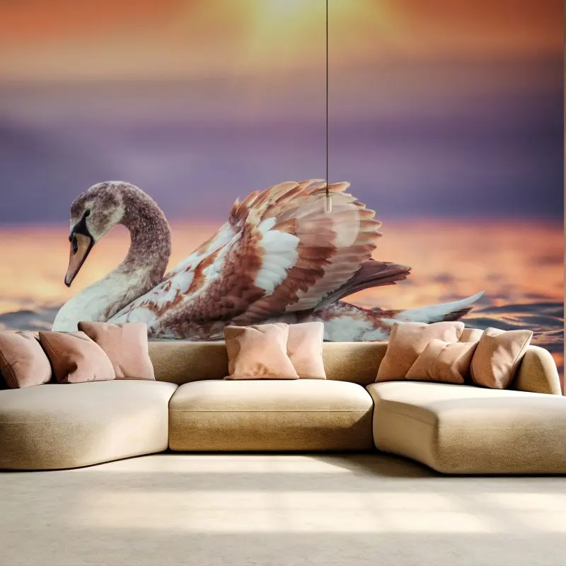 Fotomural cisne al atardecer sobre aguas doradas