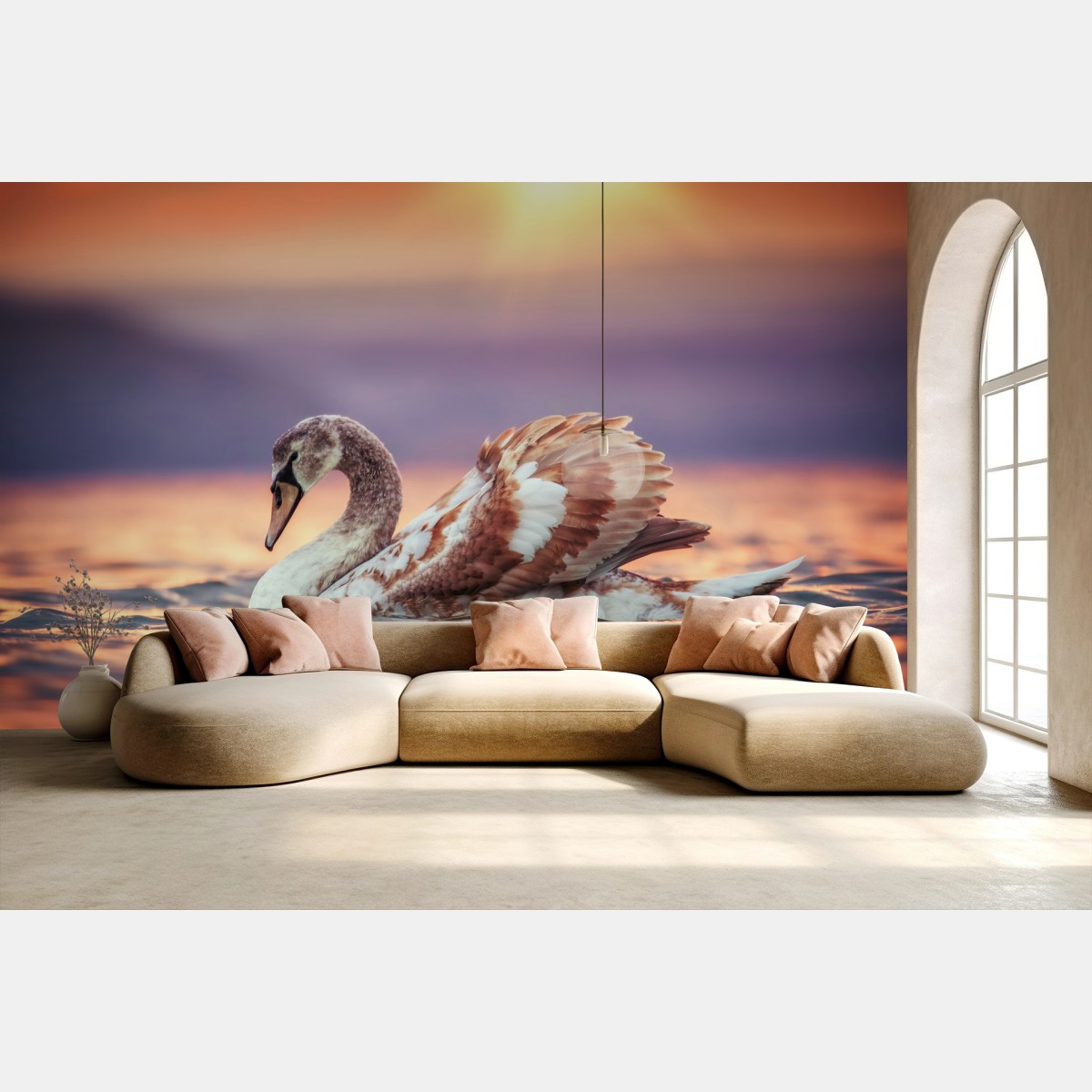 Fotomural cisne al atardecer sobre aguas doradas – Pixers®