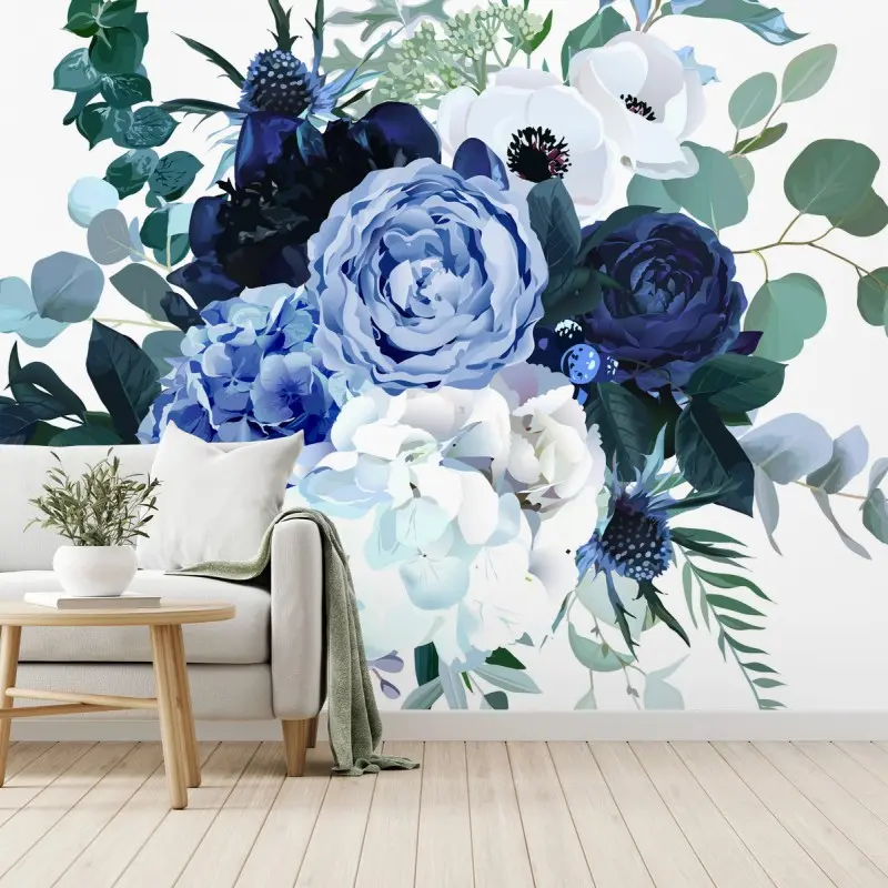 Fotomural ramo en acuarela en tonos azul real y blanco