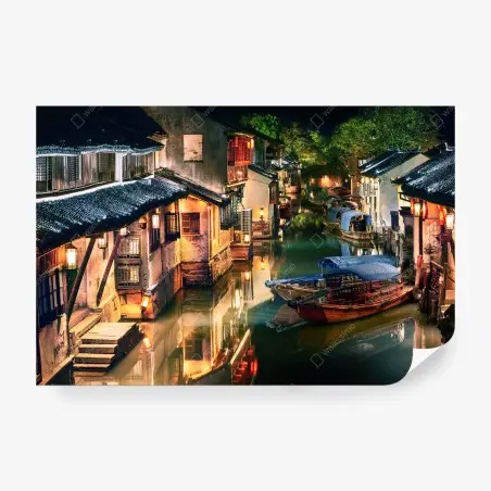 Fotomural paisaje nocturno de pueblo acuático tradicional – Pixers®