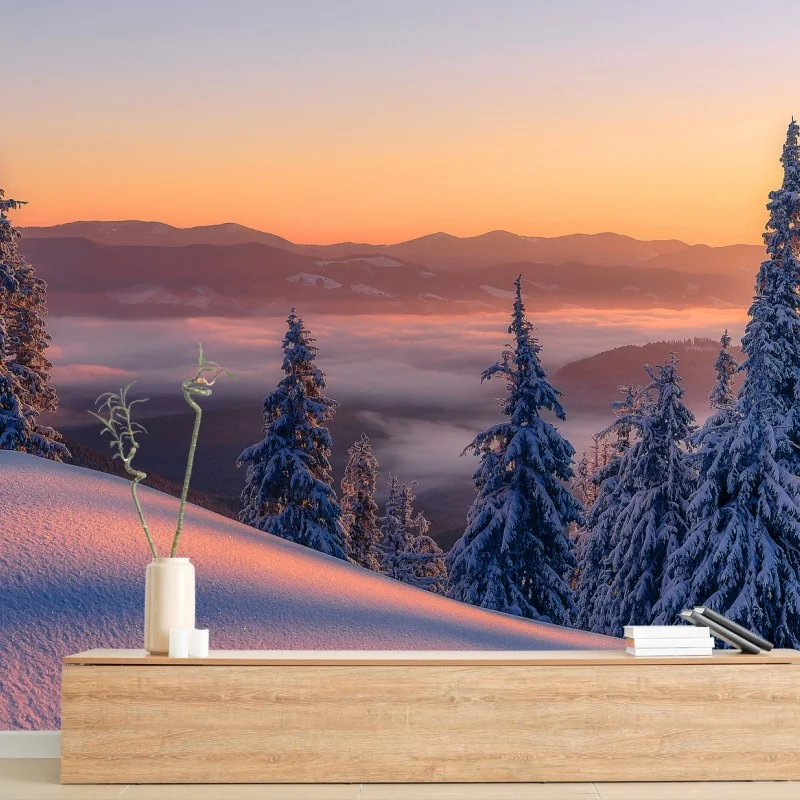 Fotomural amanecer violeta en la montaña nevada