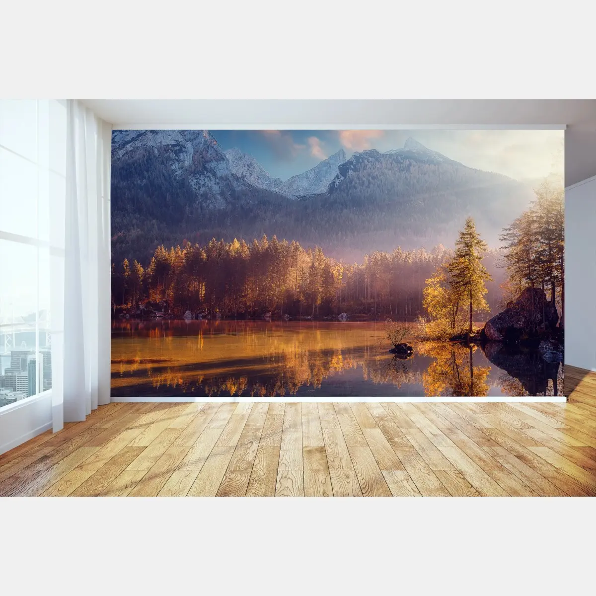 Fotomural amanecer dorado en el lago de montaña – Pixers®
