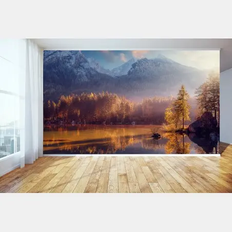 Fotomural amanecer dorado en el lago de montaña – Pixers®