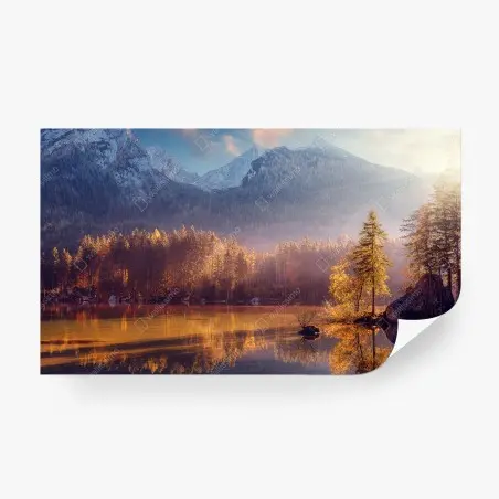 Fotomural amanecer dorado en el lago de montaña – Pixers®