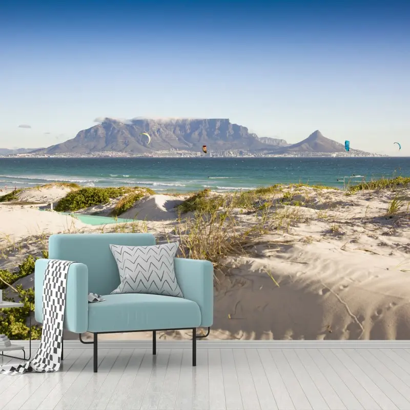 Fotomural amanecer en la playa con Table Mountain de fondo