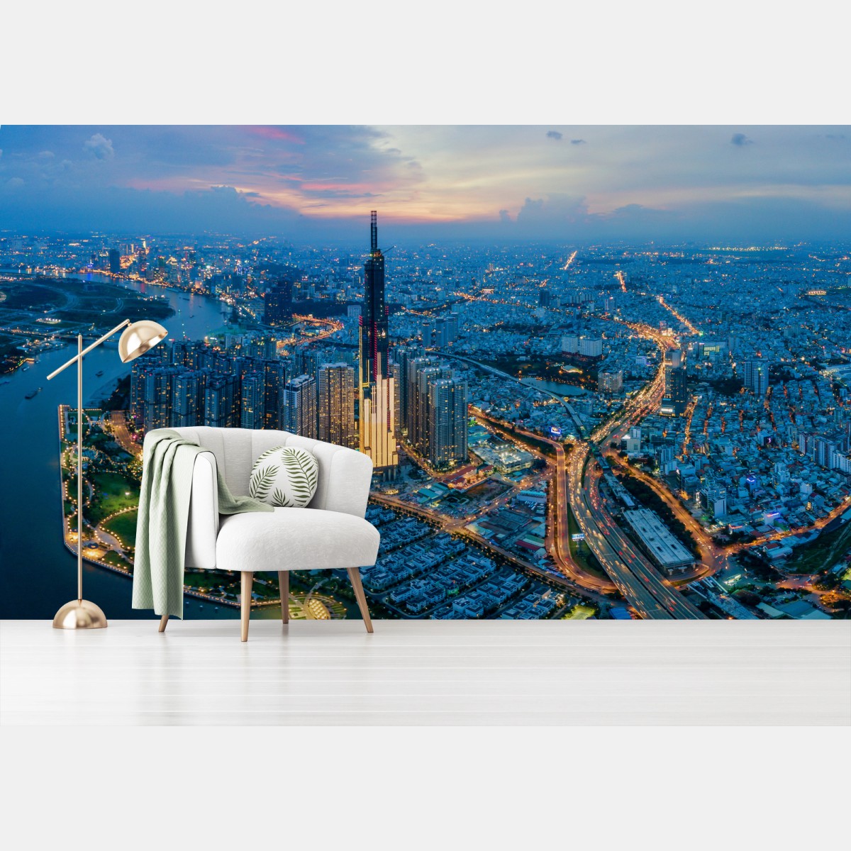 Fotomural horizonte urbano iluminado al atardecer – Pixers®