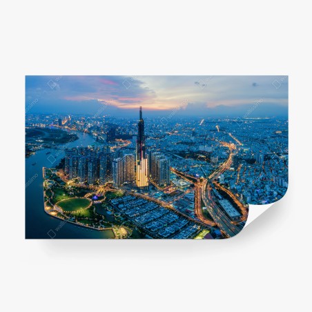 Fotomural horizonte urbano iluminado al atardecer – Pixers®
