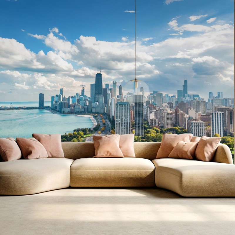 Fotomural amanecer sobre Chicago: costa y skyline sereno – Pixers®