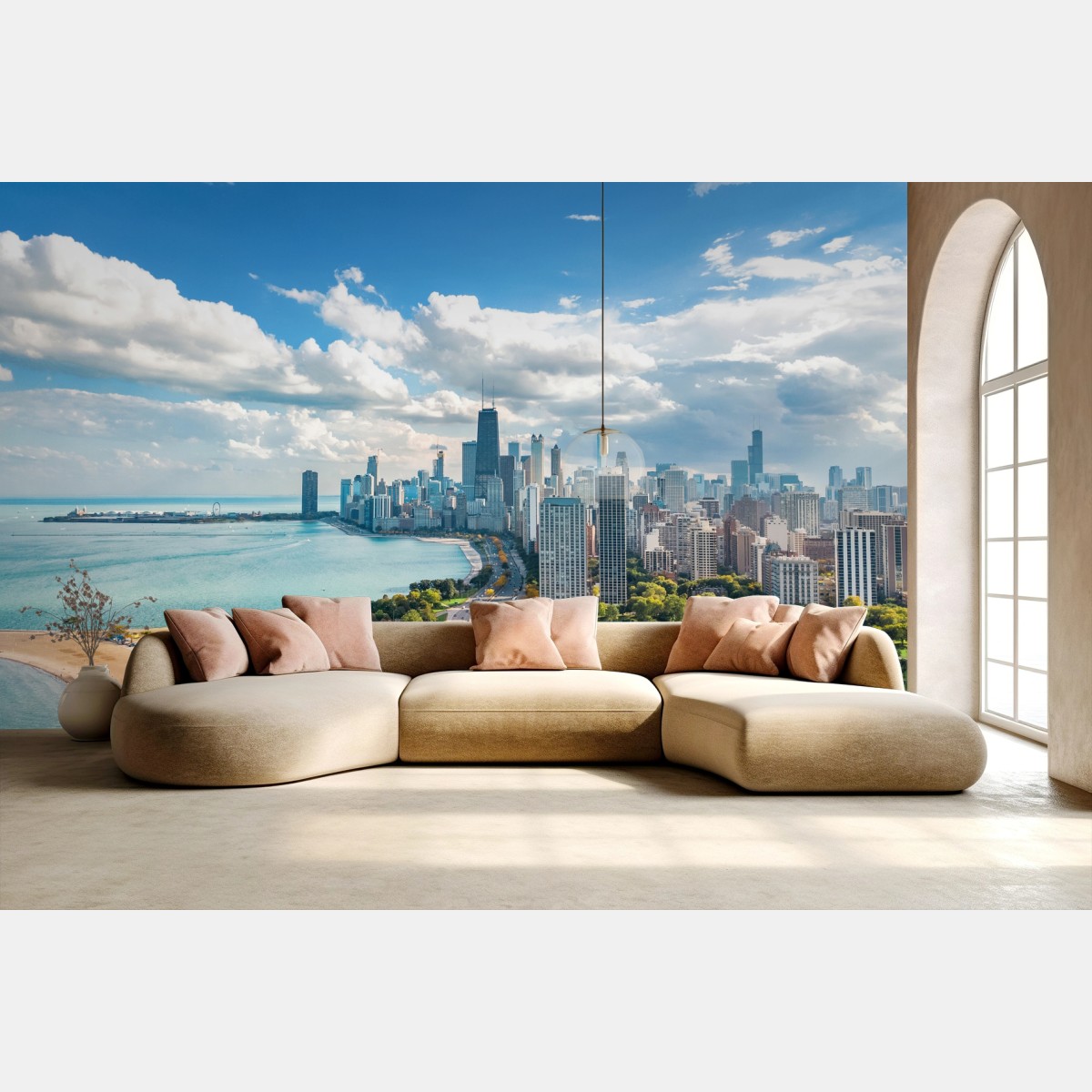 Fotomural amanecer sobre Chicago: costa y skyline sereno – Pixers®