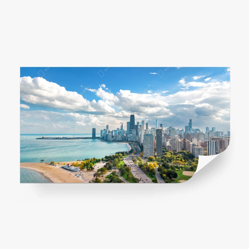 Fotomural amanecer sobre Chicago: costa y skyline sereno – Pixers®