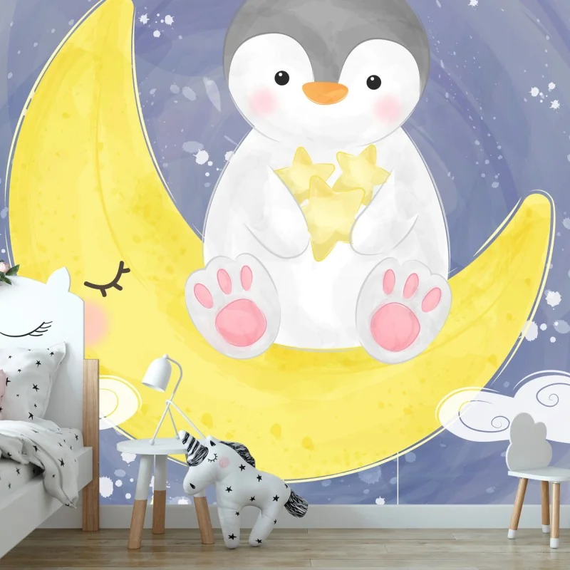 Fotomural pingüino soñador sobre la luna
