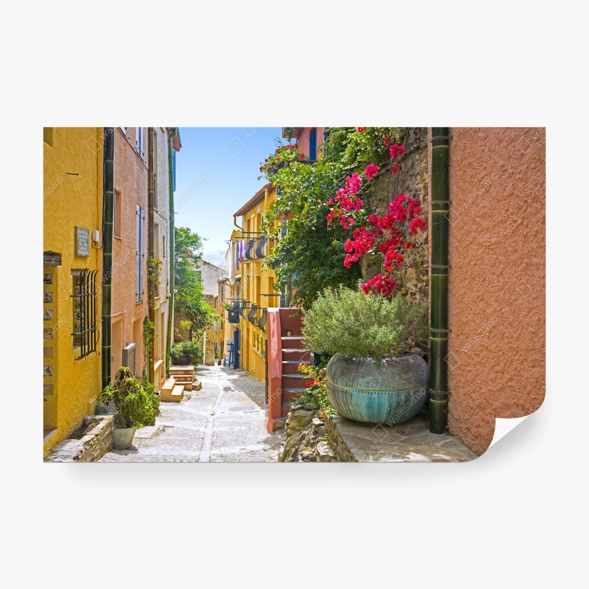 Fotomural calle mediterránea con casas de colores y flores – Pixers®