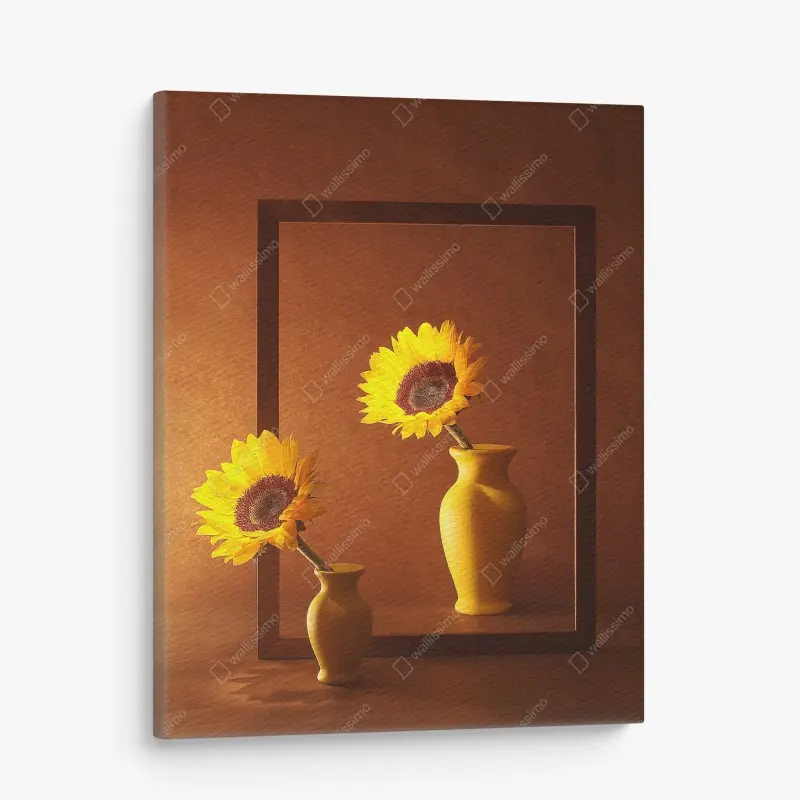 Cuadro en lienzo girasoles en marco minimalista sobre fondo cálido