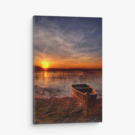 Cuadro en lienzo atardecer en el lago con bote solitario – Pixers®