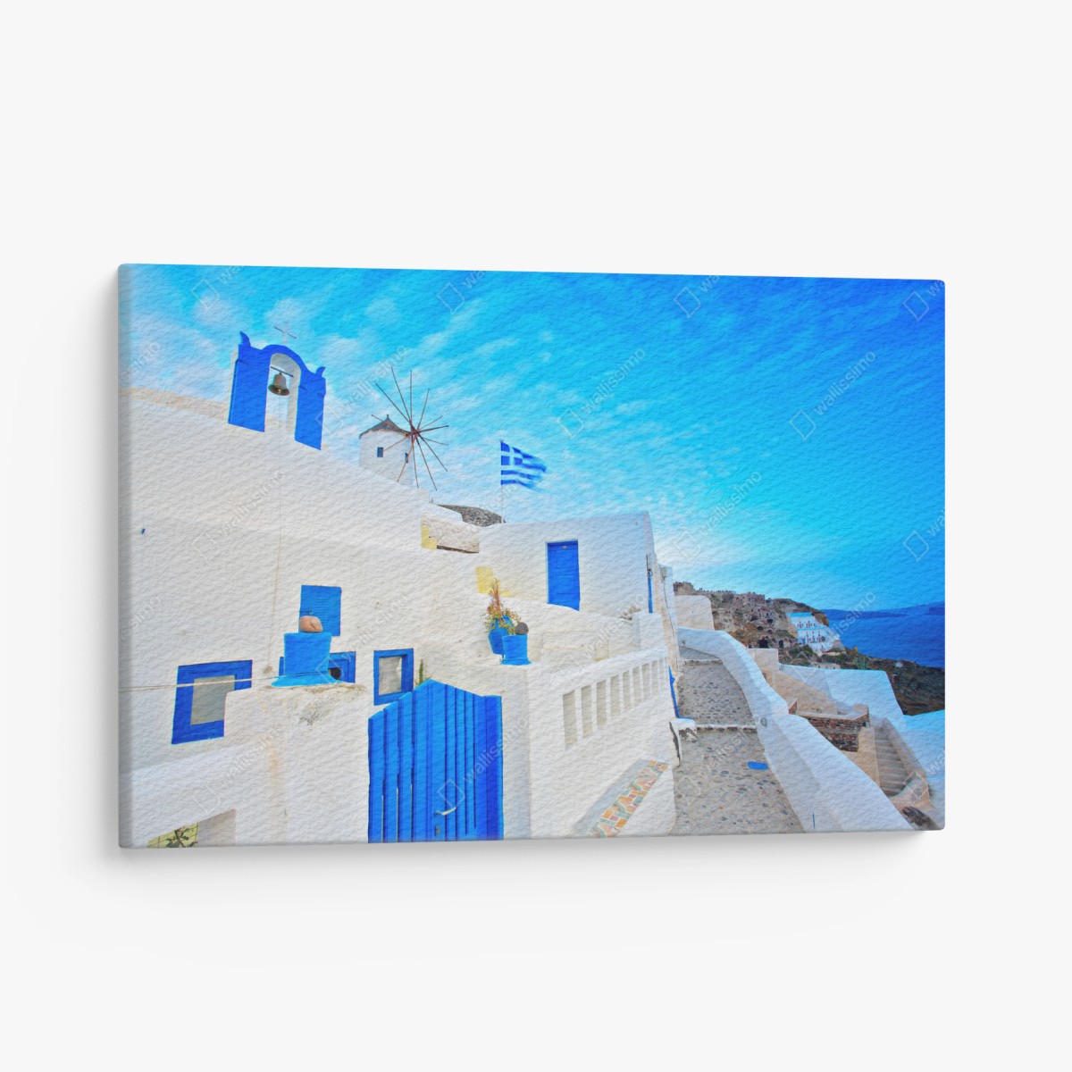 Cuadro en lienzo vista costera de Santorini con casas blancas y puertas azules – Pixers®