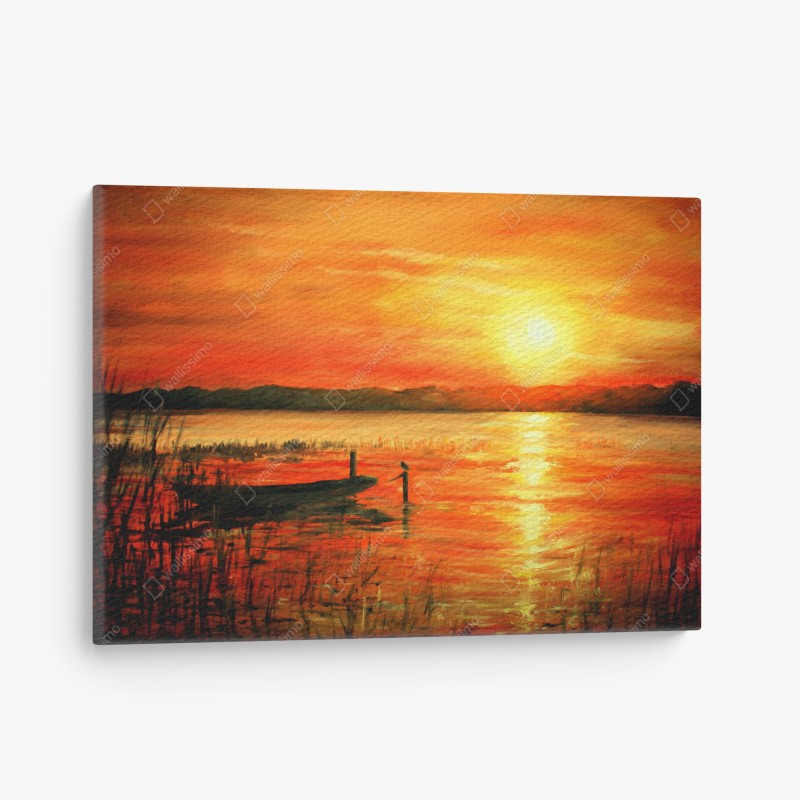 Cuadro en lienzo atardecer naranja sobre el lago – Pixers®