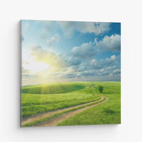 Cuadro en lienzo camino entre praderas al amanecer – Pixers®