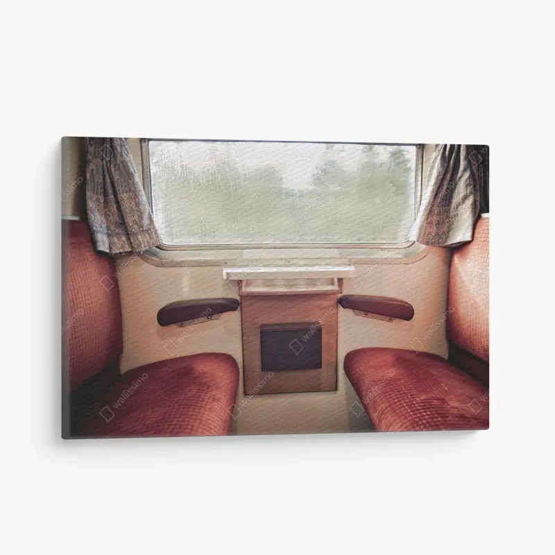 Cuadro en lienzo interior de tren de época bajo la lluvia