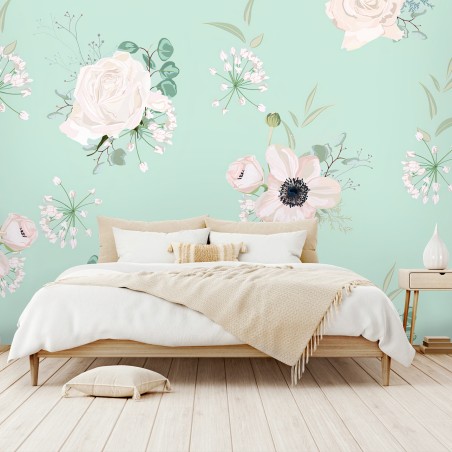 Fotomural PASTEL FLORES MENTA ROSAS BOTANICO PARA DORMITORIO – Pixers®