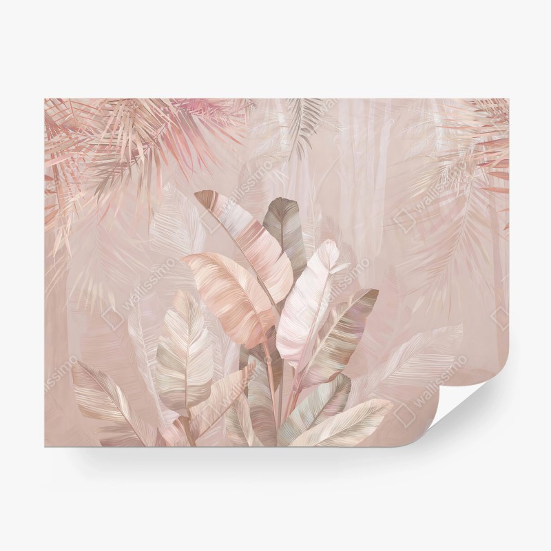 Fotomural BOTANICO TROPICAL ROSA PASTEL HOJAS PARA DORMITORIO